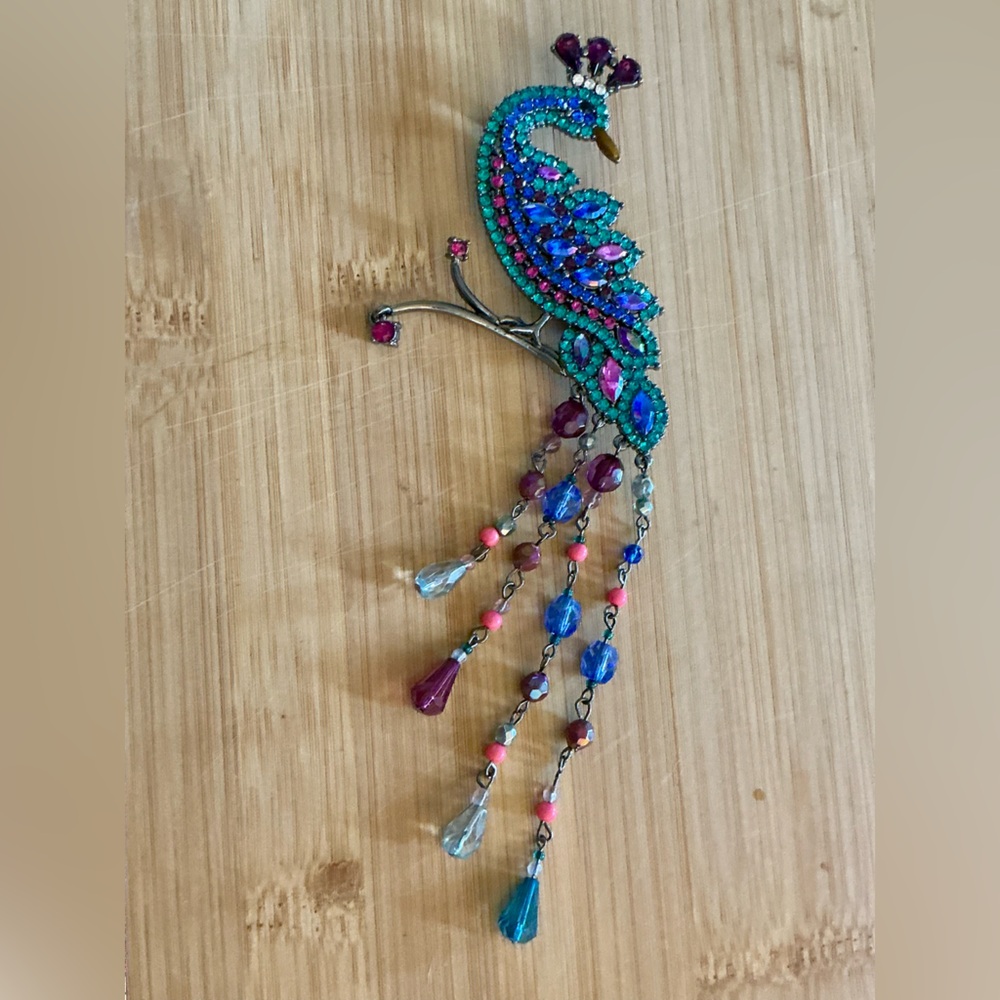 Large Avon Peacock Brooch Rhinestone Beaded Dangle Tail Colorful Statement Pin